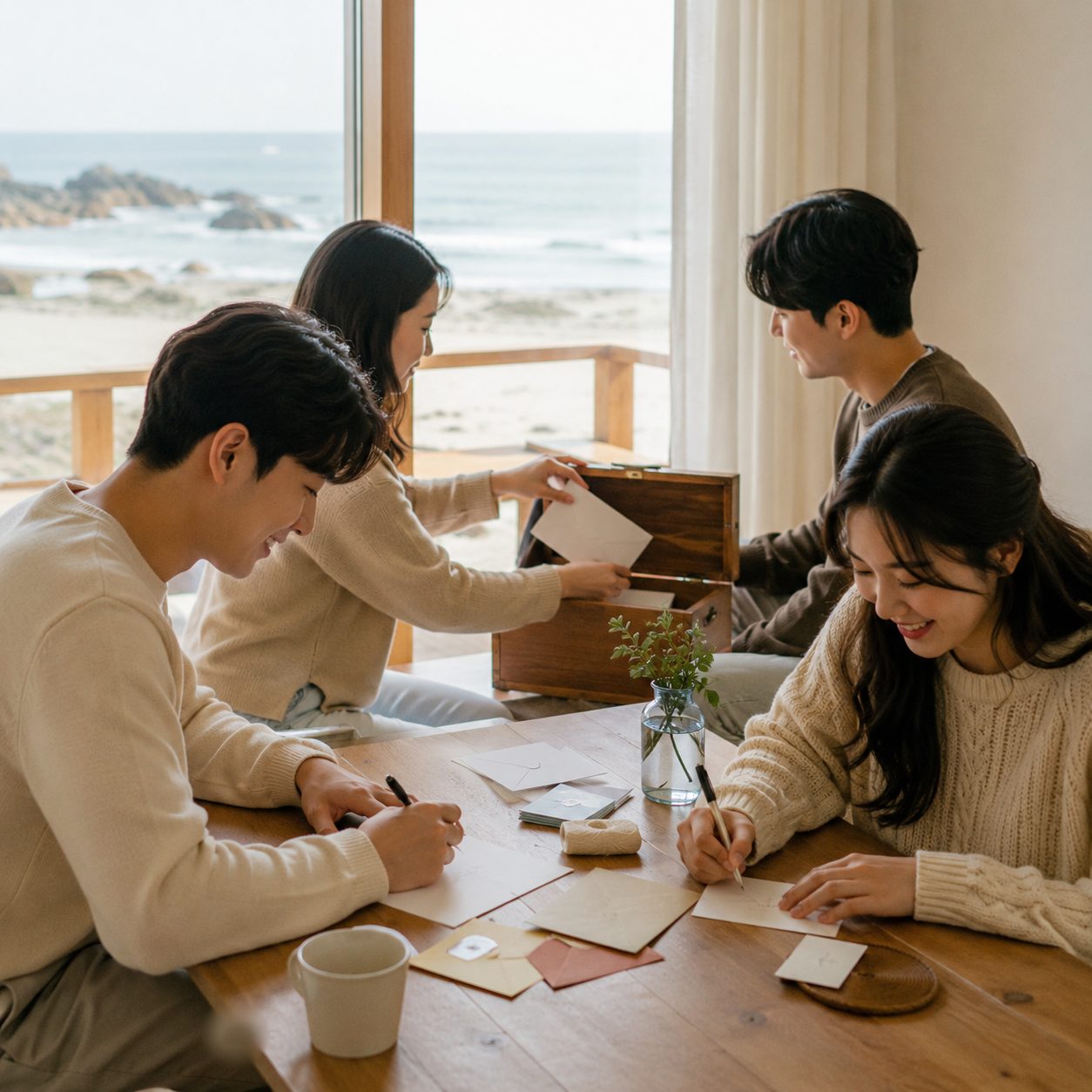 객실 테이블에서 네 사람이 함께 편지를 쓰는 모습