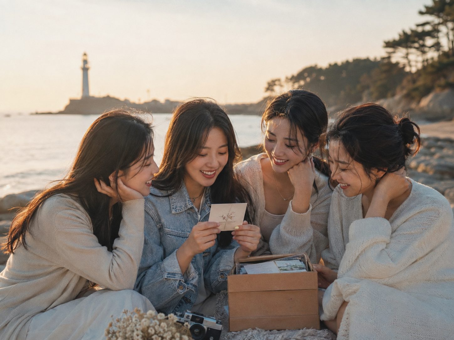 바닷가에서 친구들이 맡겼던 상자를 함께 열어보는 모습