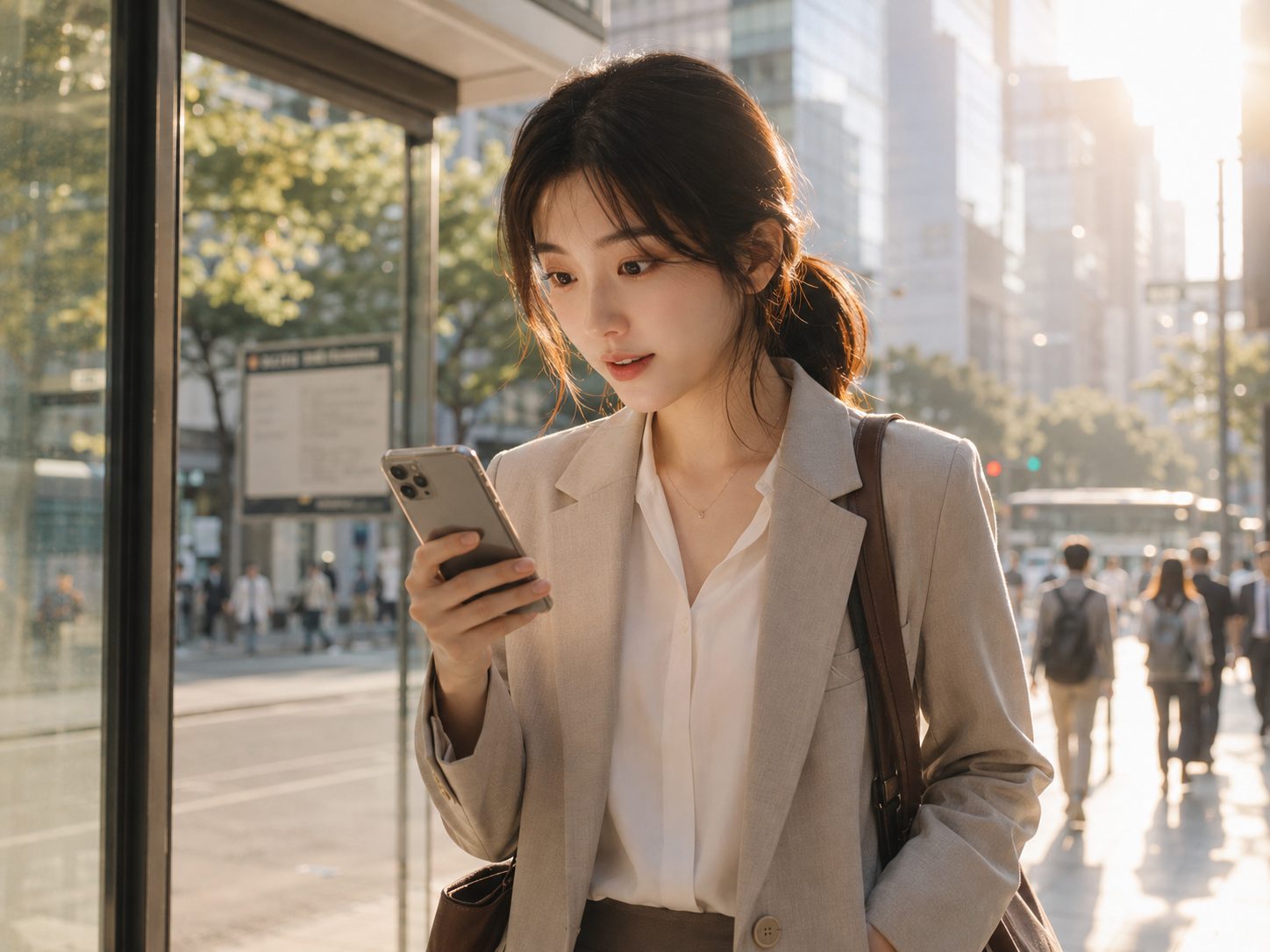 출근길 거리에서 휴대폰을 보는 모습